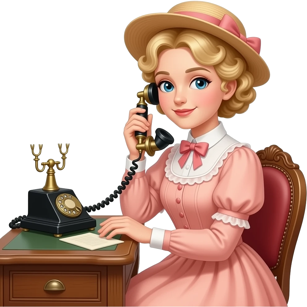 blonde tight spirals curly sideswept bob sitting on an antique desk typing with antique phone in 1800  peach dress and matching hat emoji