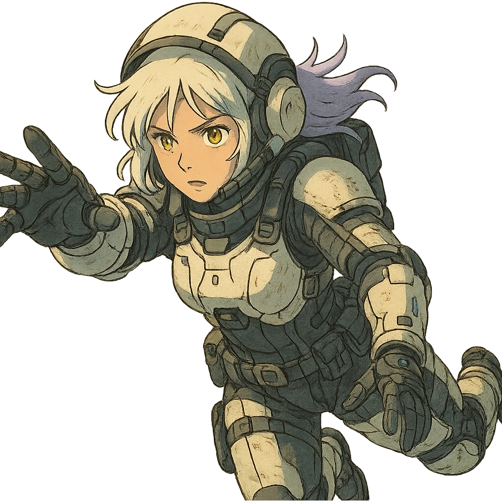 1 female, white hair lavender tips gold yellow eyes, a tactical female space warrior floating in zero-g EVA operations, reaching in front of her emoji