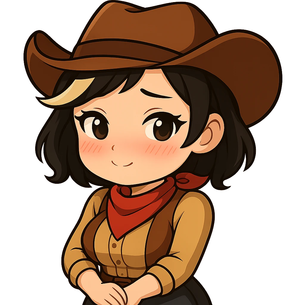 Chibi cowgirl with short hair and a blonde streak, wearing a cowboy hat and western outfit, no guns. Pose: hands clasped in front, shy, blushing, and cute-sexy expression, more feminine curves. Chibi/anime style, transparent background, sized for Twitch or Discord use. emoji