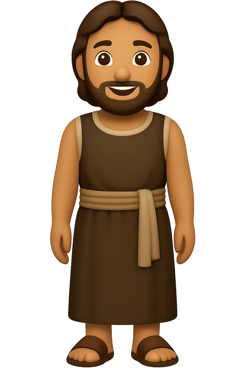 Create a centered full body image of Apostle Peter facing straight, wearing a sleeveless shirt and plain robes in classic emoji style. Use a brown clothes color palette with beige details in reverse color palette. He should have a full beard and be smiling with no background. The style should mimic classic emoji style with no background. emoji