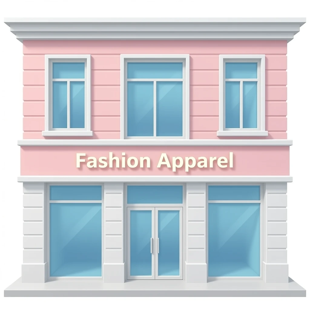 A modern building designed for fashion design, with a stylish illuminated sign hanging on the facade that reads “Fashion Apparel.” The building features an elegant exterior design with spacious, bright floor-to-ceiling windows and a soft, pastel color scheme, emoji