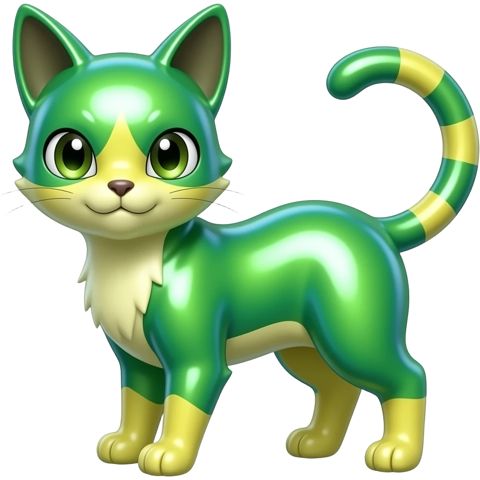Shiny Iridescent Smooth Soft Glossy Green and Yellow Electrike-Lucretia-Luxray-Sprigatito-Bobcat-Amaura-Aurorus-Shiny-glorp-cat-fusion (full body) emoji