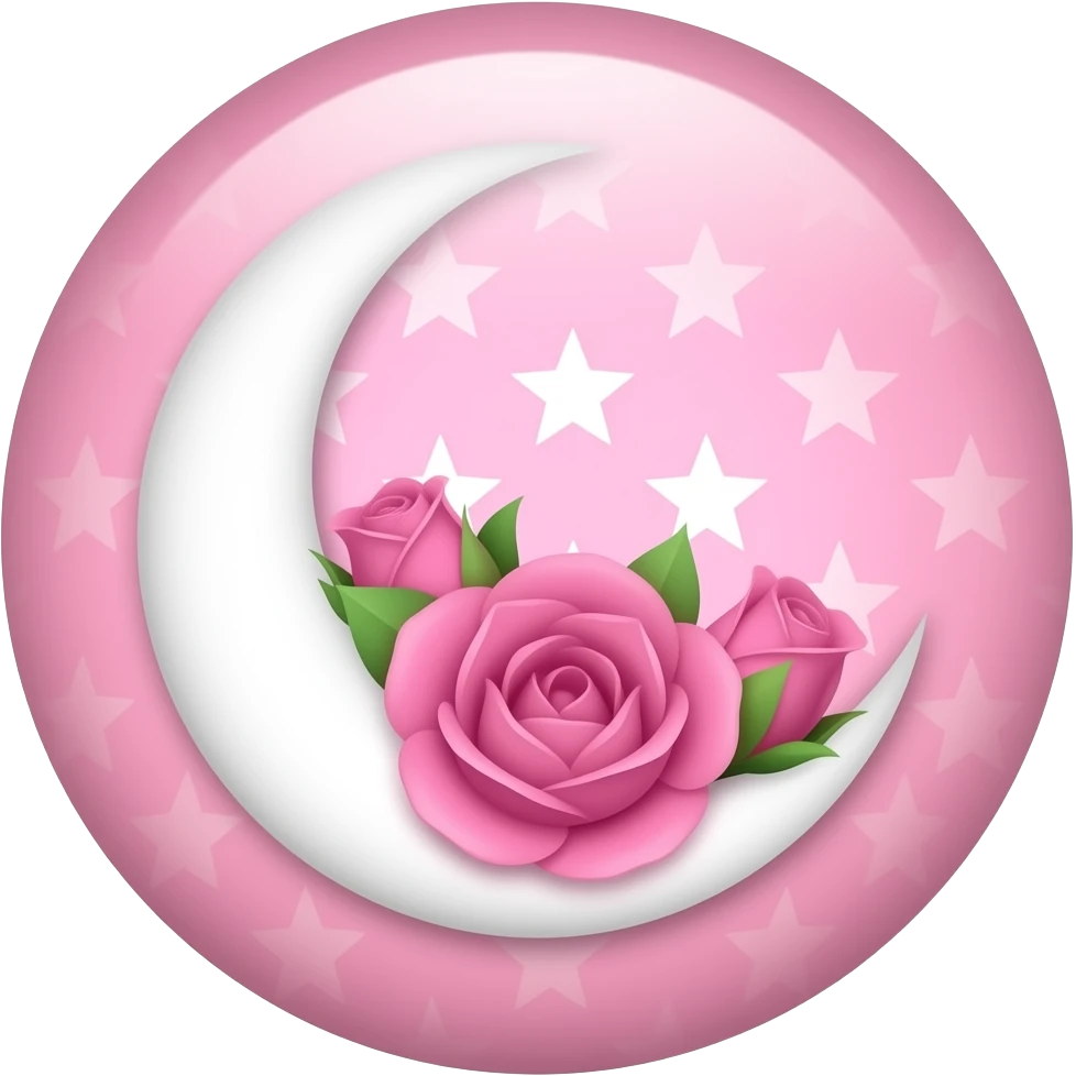 A round pink button with a crescent damask moon and pink roses in the center emoji