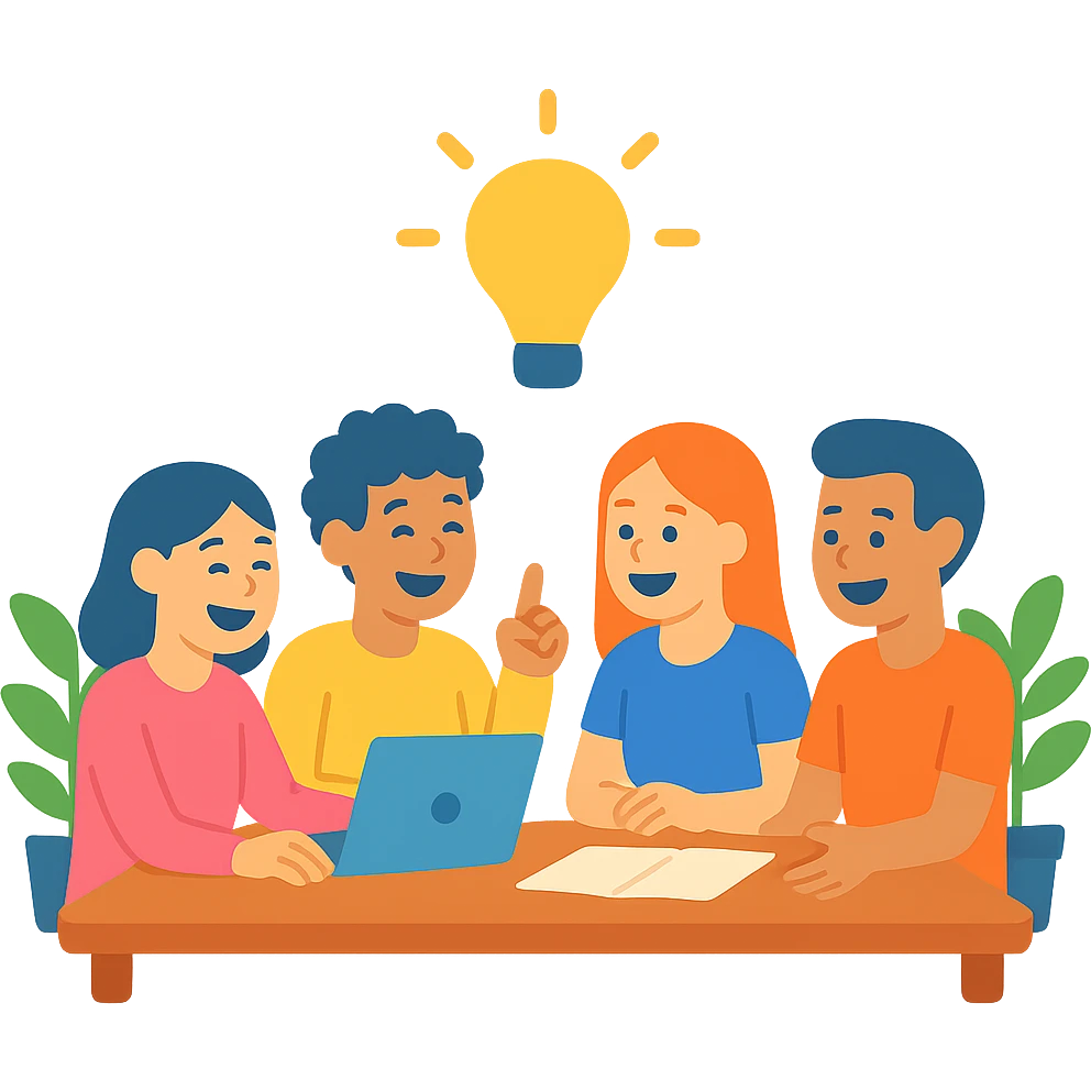 équipe de quatre étudiants, brainstorming autour d'une table, ambiance relax, rires et échanges, fond lumineux avec plantes vertes, style flat design, couleurs vives emoji