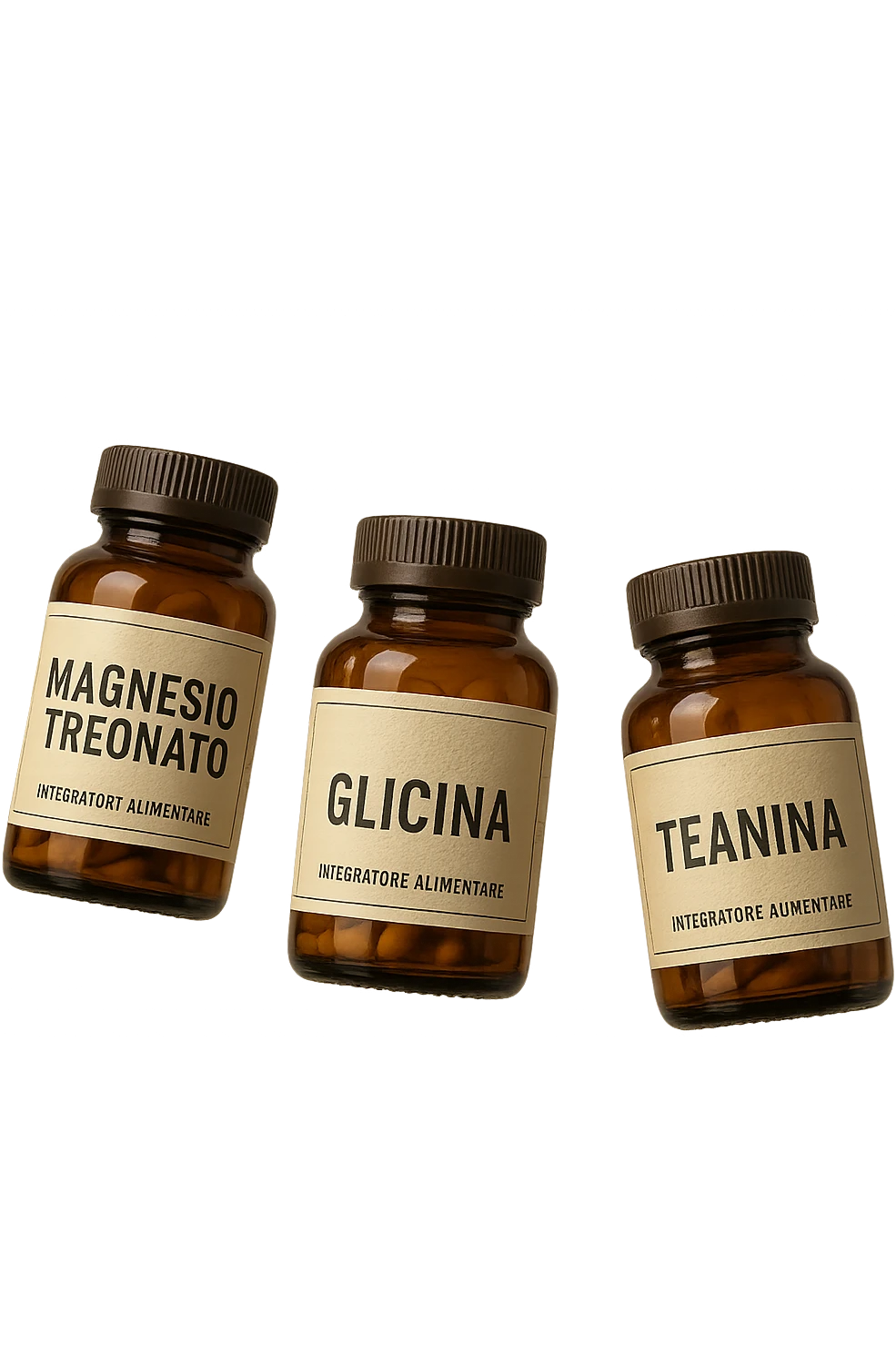 3 boccette di integratori: Magnesio Treonato, glicina, teanina, fluttuano in aria emoji