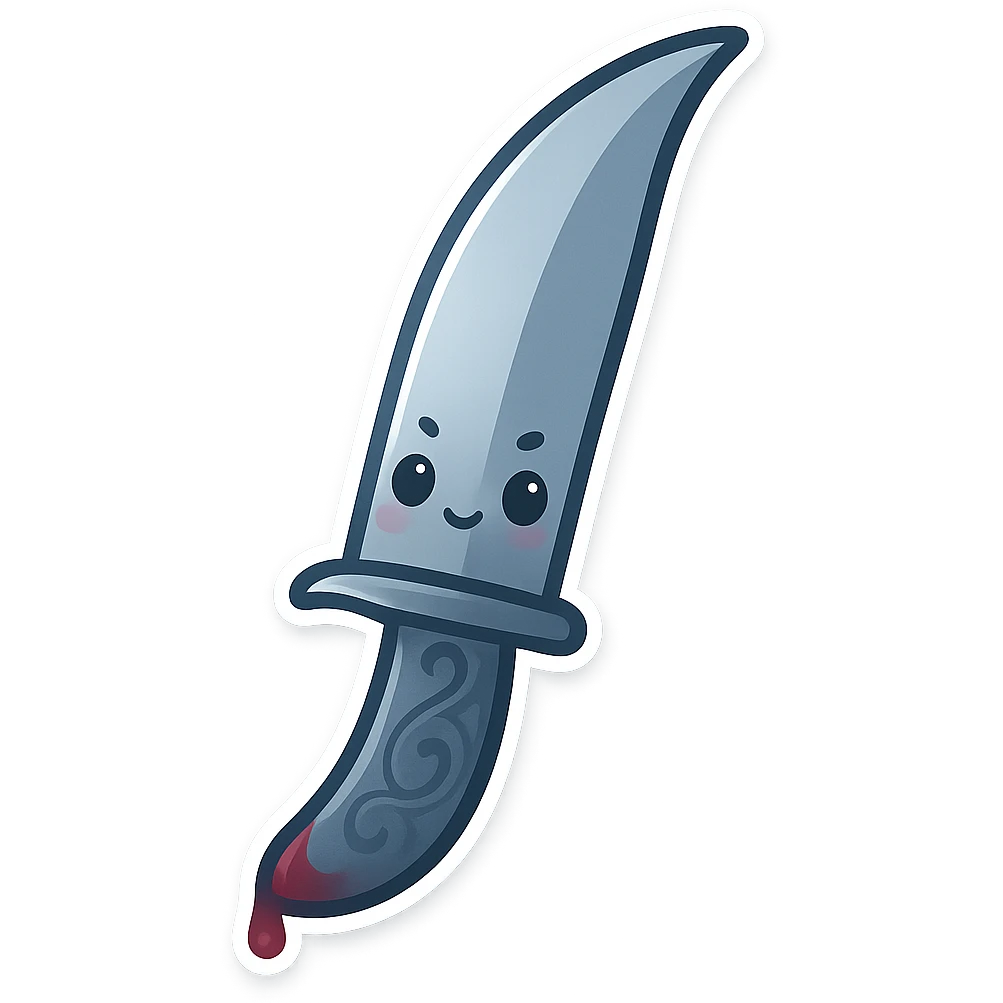 kawaii chibi-style silver knife emoji, elegant curved blade with engraved handle, faint bloodstain on the tip, soft dramatic lighting, minimalist but sharp aesthetic, cold palette blue-gray, symbol of silent assassination emoji