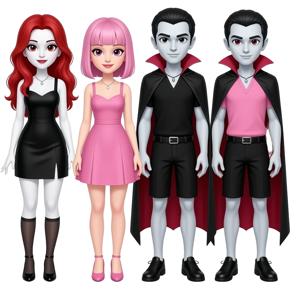 Vampiro femmina con pelle bianca e capelli rossi indossa un vestito corto neri insieme alla sua amica VAMPIRO con i capelli rosa e frangia che indossa un vestito corto rosa e la pelle bianca insieme ai loro reciproci 2 fidanzati VAMPIRI con la pelle bianca vestiti abbinati alle fidanzate emoji