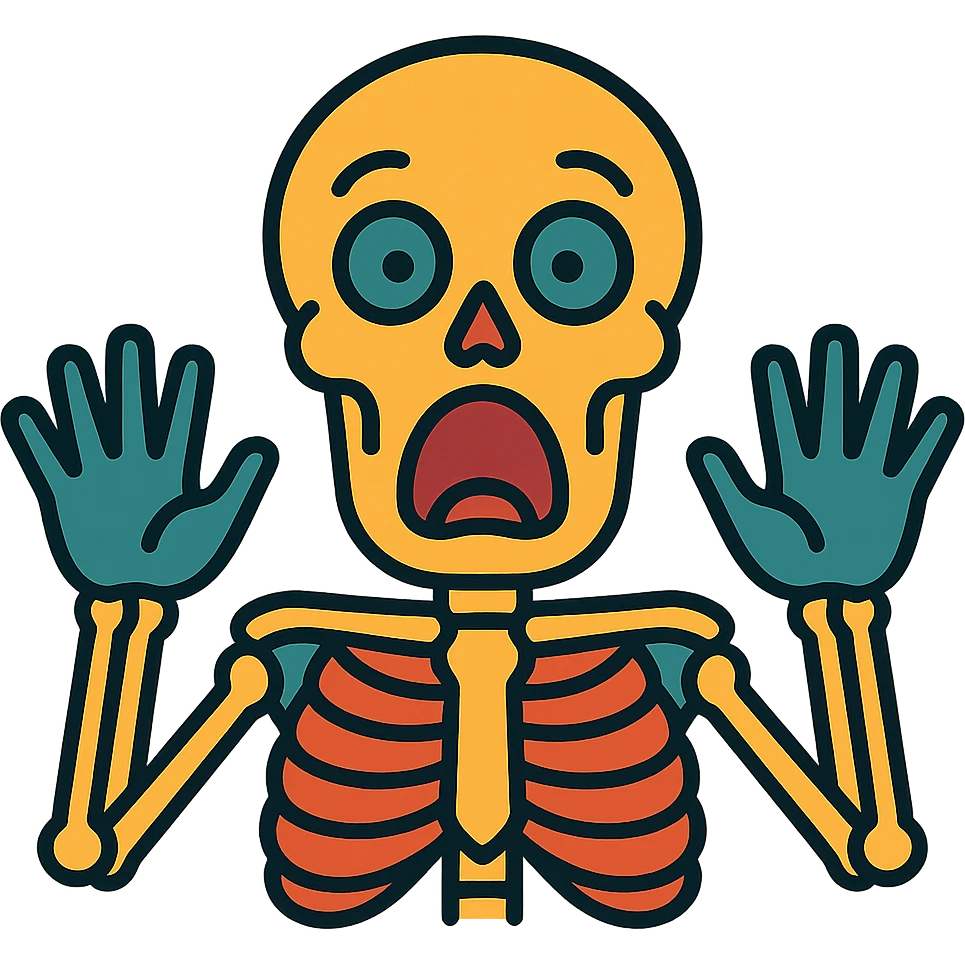 stylized skeleton with dramatic shocked face, jaw dropped, eyes wide, hands up, bold graphic style emoji