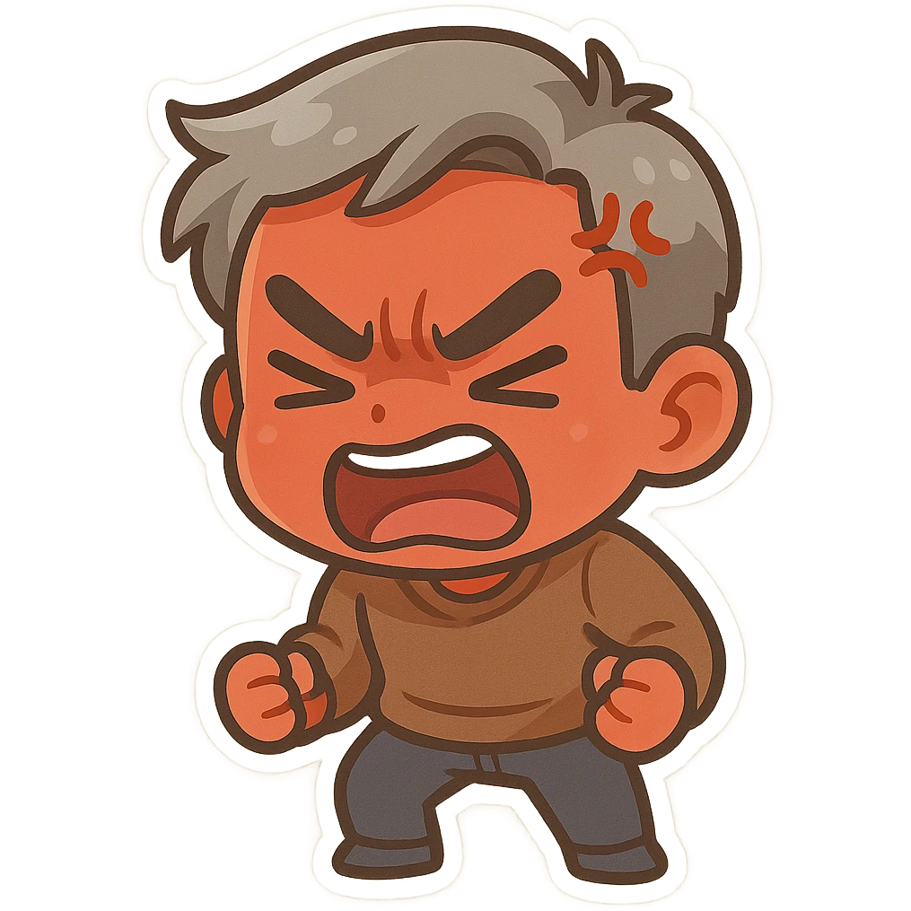 a very angry man with red skin and gray hair, expressive face, intense emotion, cartoon style emoji