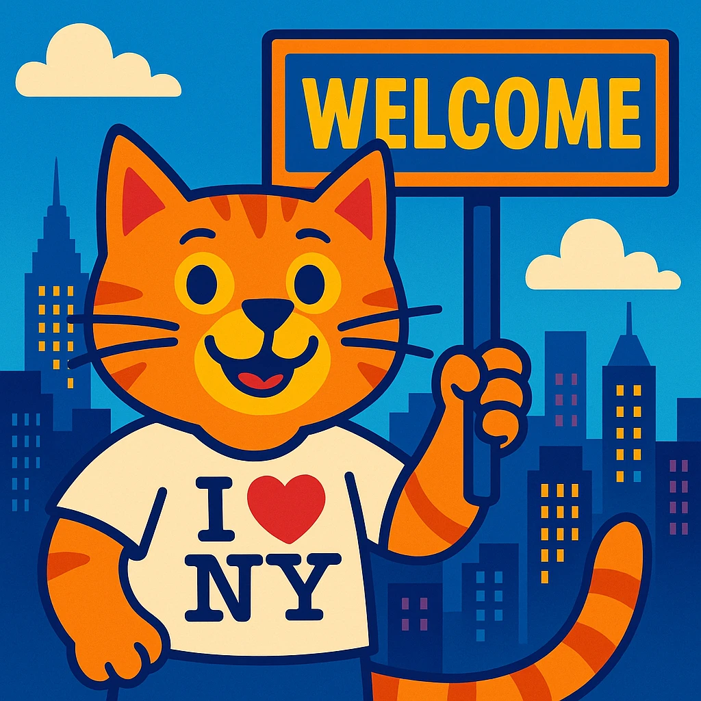 A cool cat wearing an 'I ❤️ NY' shirt, holding a welcome sign, with a city skyline behind, cheerful and friendly, vibrant toon illustration emoji