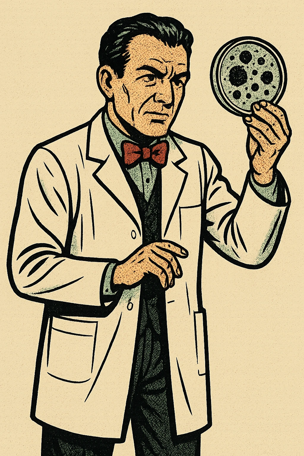 The full body of 1940s male scientist wearing a white lab coat over his suit with a red bow tie. He is holding a mouldy petri dish emoji