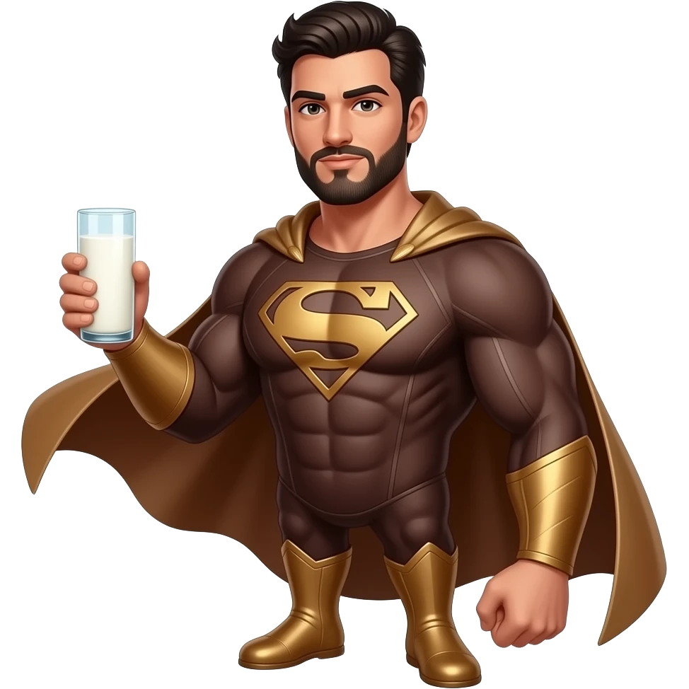Sexy arab muscle man in full body brown superhero costume holding a glass if milk emoji