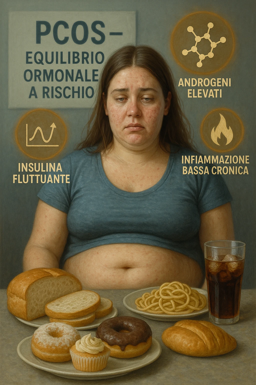 Donna tra i 25 e i 35 anni, seduta a tavola con un’espressione stanca e gonfia. Sul tavolo ci sono alimenti sbagliati per la sua condizione: dolci raffinati, pane bianco, pasta, bibite zuccherate. Intorno al suo corpo si vedono elementi simbolici che rappresentano gli effetti della PCOS peggiorata: insulina fluttuante, androgeni elevati, infiammazione bassa cronica. La sua pelle appare acneica, gonfiore addominale visibile, sguardo affaticato. Sullo sfondo, un cartello sfocato con scritto 'PCOS – equilibrio ormonale a rischio'. Stile realistico con elementi simbolici, toni freddi ma chiari in italiano emoji
