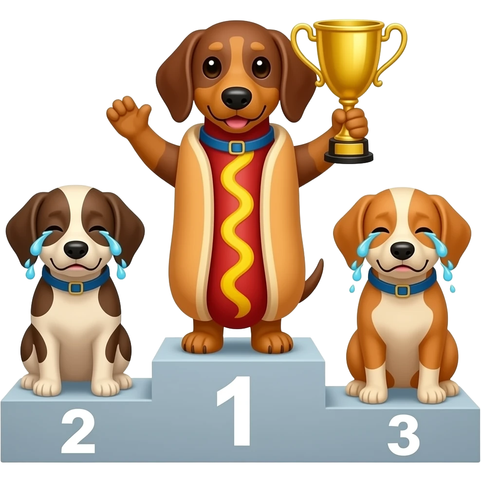 Weiner dog dressed as a hot dog celebrating first place win as two other dogs cry emoji