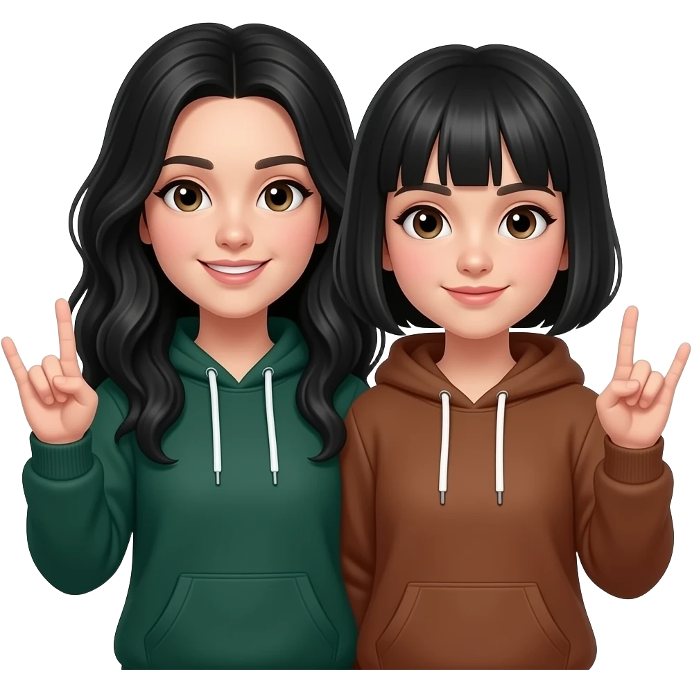 a wihte girl w dark green hoddie, black wavy tall hair w making the 🤘🏻 another White, slightly dark brown same height as her girl w brown hoodie w black short hair n bangs making the 🤘🏻 w her n there close to each other emoji