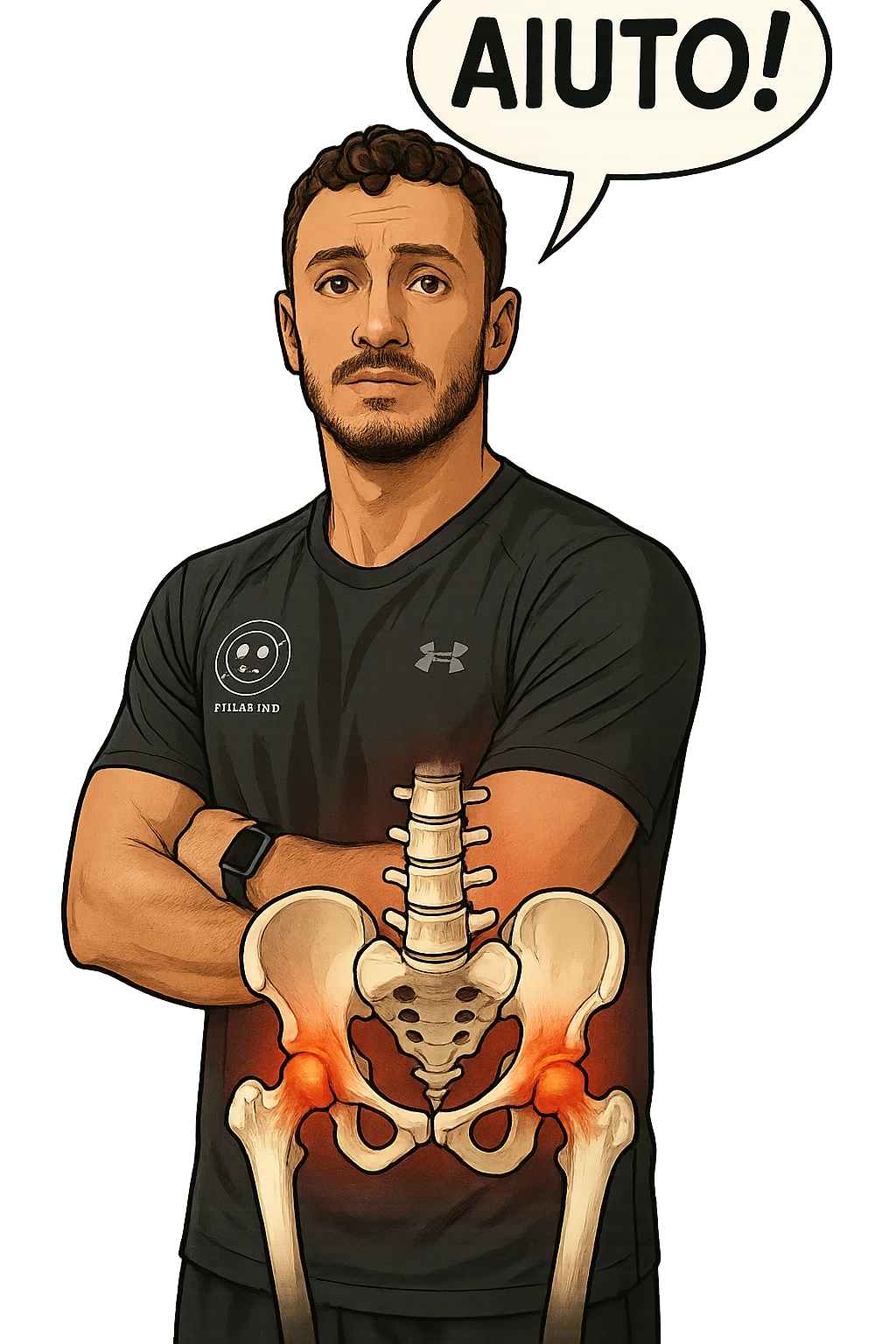 fai questo ragazzo identico ma mettigli un bacino anatomico infiammato in evidenza sul corpo e un fumetto sulla testa con la scritta "AIUTO!", ossa visibili, iperrealistica in 3d emoji