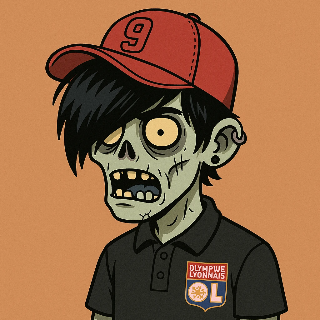 zombie boy with black emo hair and piercing, black polo shirt with Lyon logo, red cap with a '9', cartoon style emoji