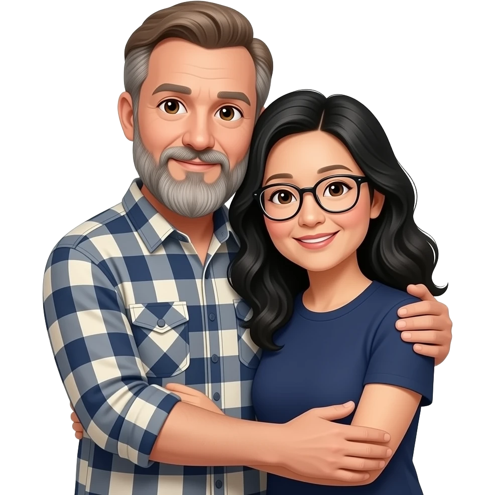 An older slim white man with thinning light brown hair, hazel eyes, moustache and very long scraggly graying beard, wearing a plaid flannel long sleeve shirt, embracing an older chinese woman with long black wavy hair with a few gray strands, brown eyes and glasses, wearing a navy colored t-shirt emoji