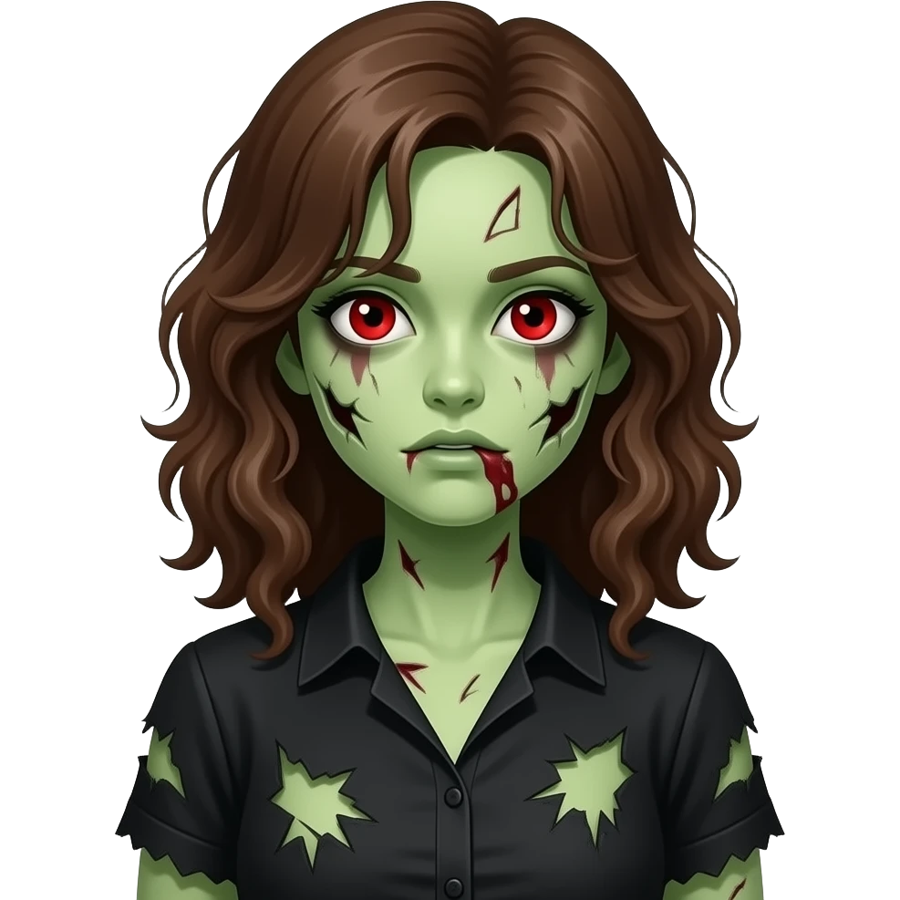 uma menina zumbi de pele verde e estragada com cabelo marrom ondulado e olhos vermelhos e blusa preta rasgada emoji