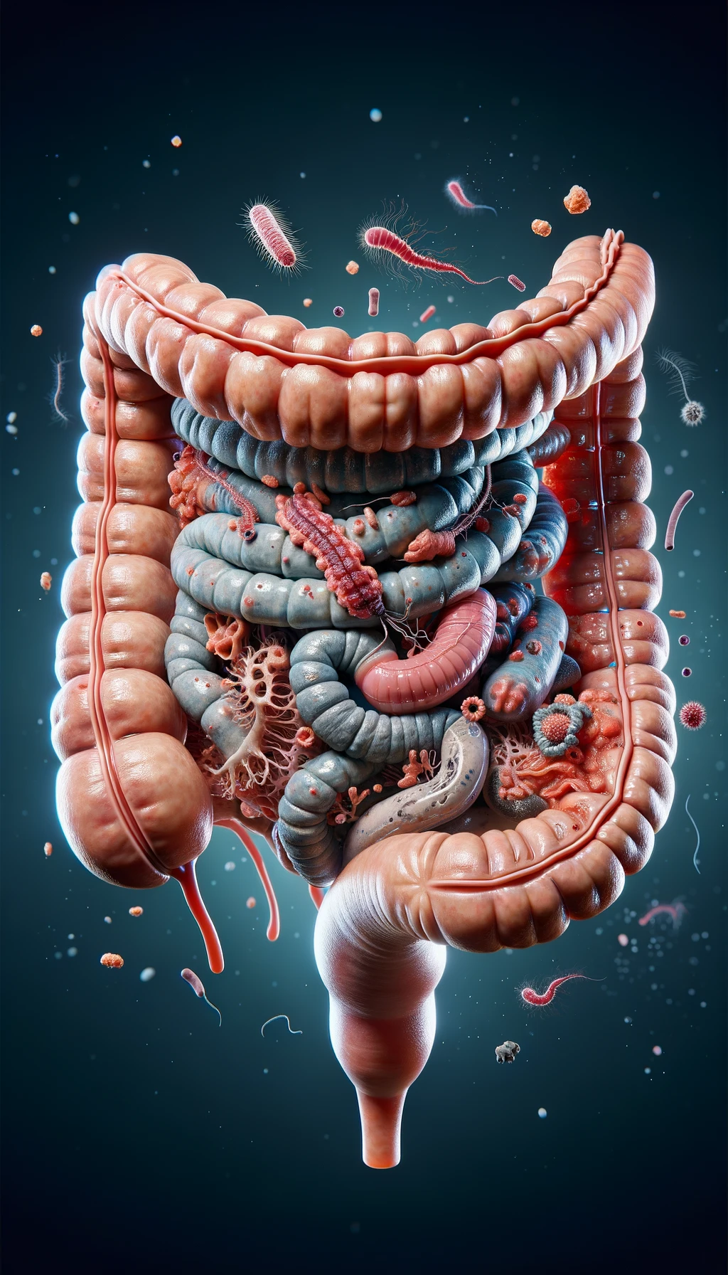 INTESTINO UMANO ANATOMICO REALISTICO CIRCONDATO DA PARASSITI E BATTERI INTESTINALI, IPERREALISTICO 4K emoji
