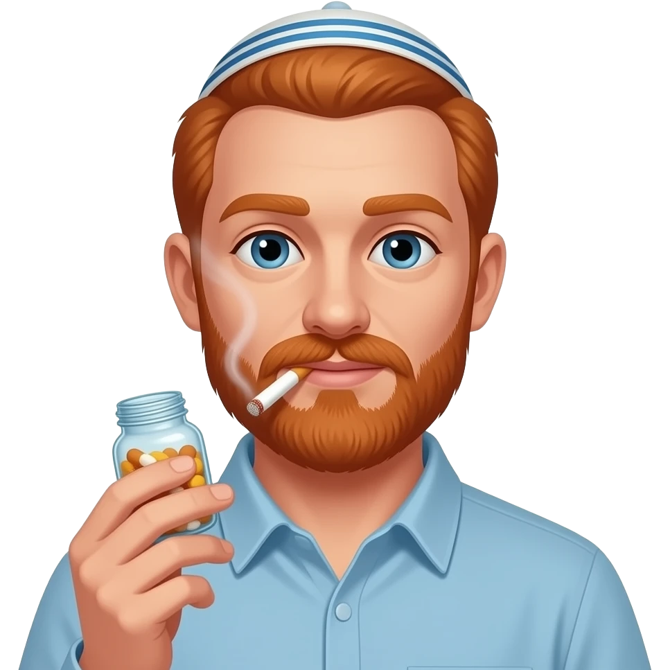 A redheaded guy wearing a yarmulke smoking a cigarette and holding a bottle of pills emoji