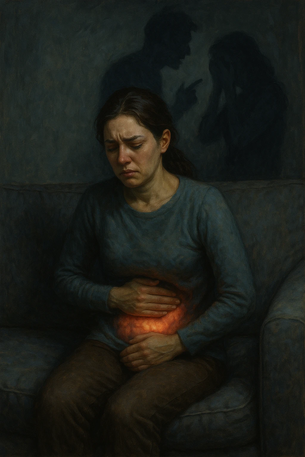 Donna sui 30 anni seduta su un divano, con una mano sull’addome e un'espressione visibilmente provata e triste. Intorno a lei, l’atmosfera è opaca e pesante, con toni freddi. Un’ombra simbolica dietro di lei rappresenta un evento stressante recente (es. un litigio o una perdita). Sul corpo, un lieve bagliore localizzato nella zona intestinale, a simboleggiare il dolore e l'infiammazione. Ambiente domestico, luci basse, emozione visibile. Stile realistico o metaforico con elementi emozionali e viscerali. emoji