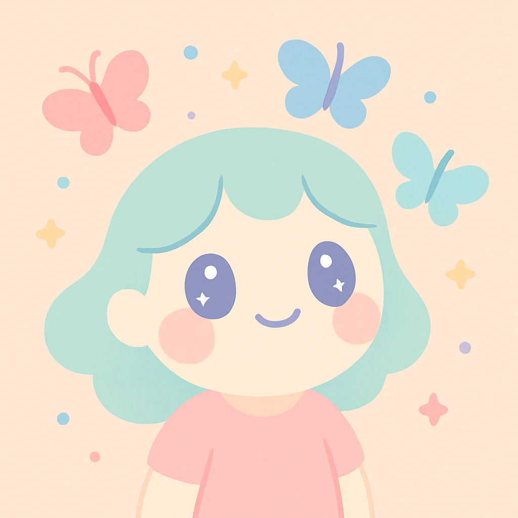 character with butterflies around their head, dreamy expression, pastel colors, soft and whimsical emoji