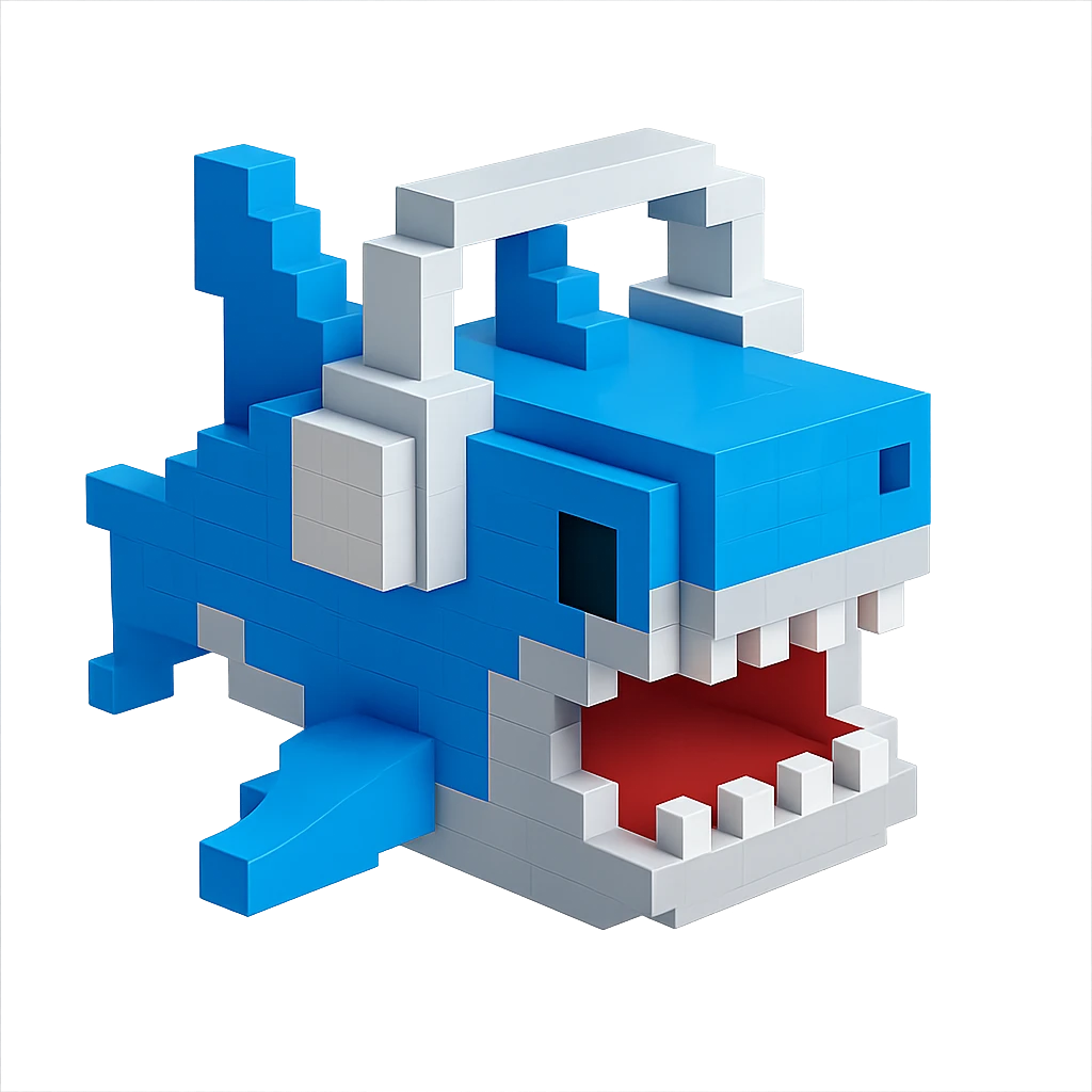 voxel style shark with white headphones, open mouth, blocky, blue and silver, no background emoji