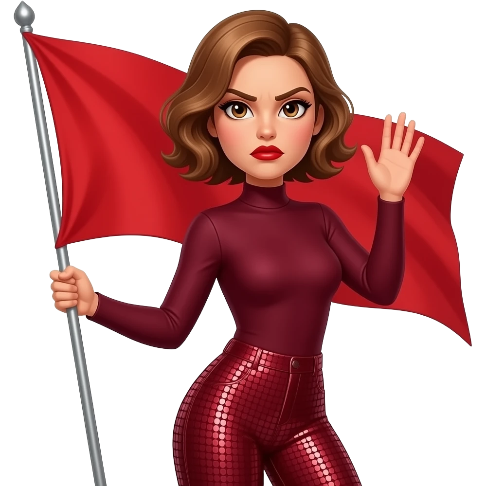 glamours,-tanned,-very-beautiful-woman-with-big-plump-red-lips,-long-lashes,-honey-silky-very short- hair,-wavy-hair,-hazel-eyes- wearing-Burgundy-Long-sleeved-bodysuit-Burgundy- sequinned-pants-Her-eyes-sparkle-and-she-is-frowning.-Hand-up-waving-giant-Red-Flag. emoji