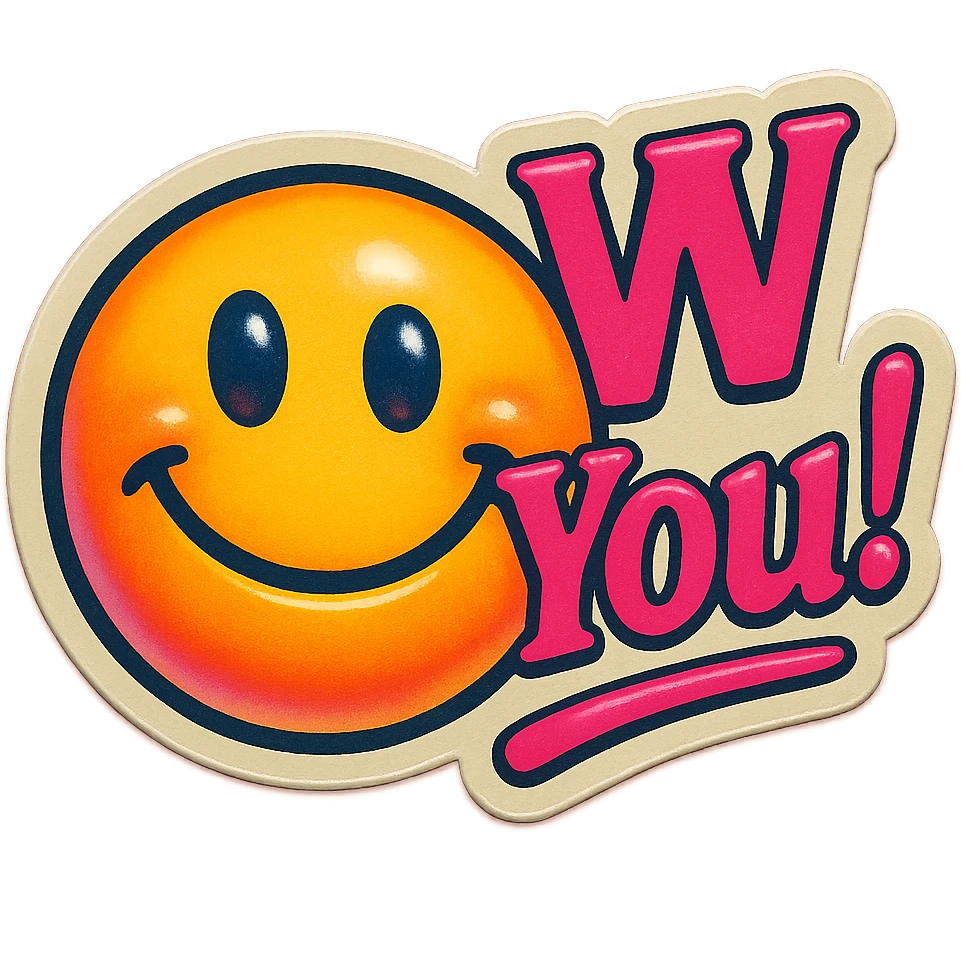 excited smile with mouth closed 
add the words W You! in pink emoji