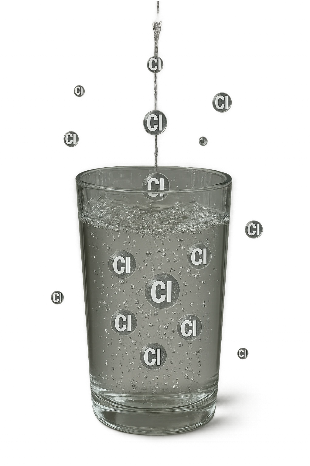 un bicchiere di acqua cade verticalmente dall'alto realistico e dettagliato, dentro l'acqua del bicchiere ci sono particelle di cloro ben visibili con la scritta "Cl" sopra, ci sono particelle anche che escono dal bicchiere e fluttuano in aria verticalmente, mentre alcune sono all'interno dell'acqua nel bicchiere, iperrealistico 4k emoji