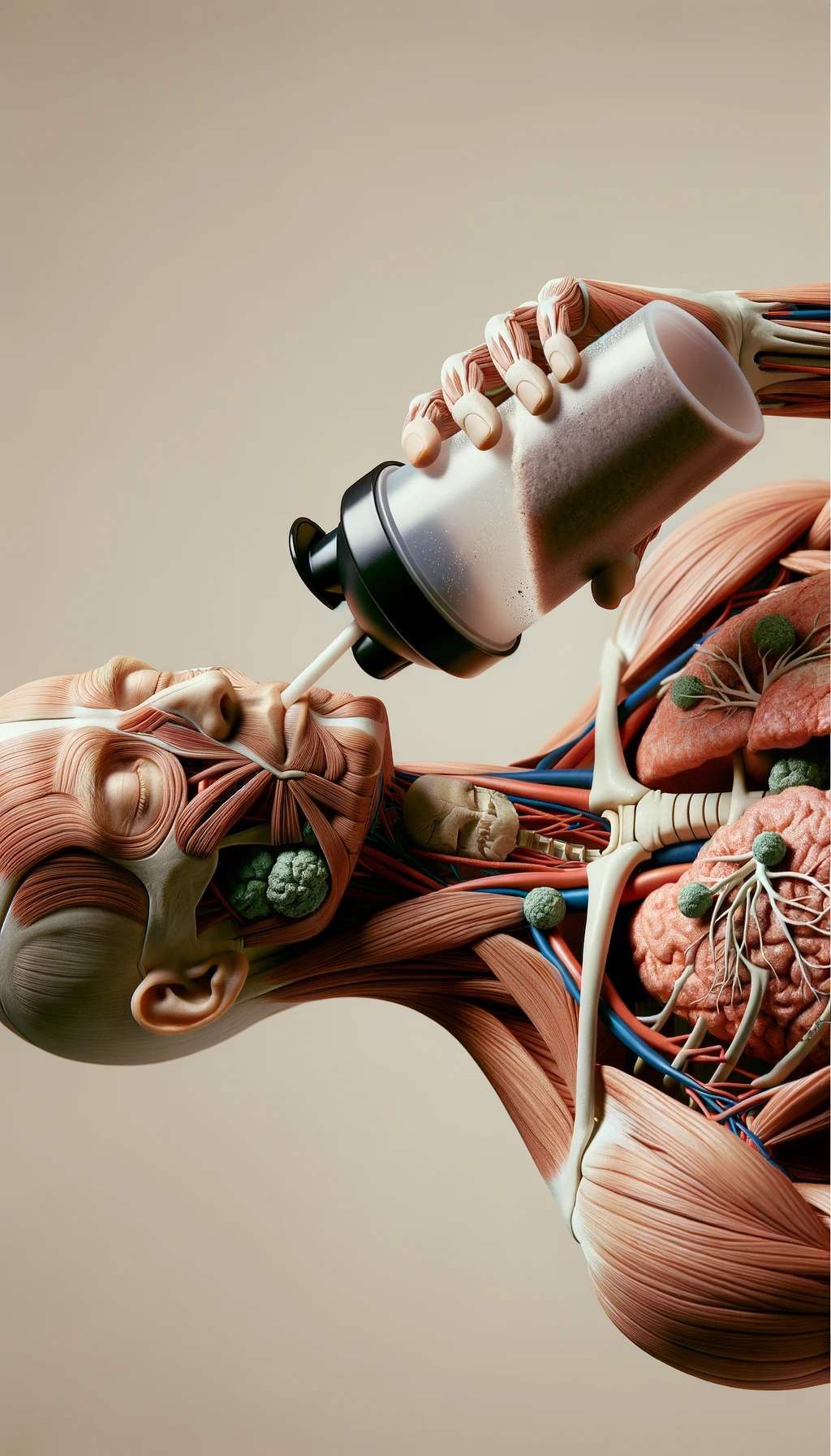 CORPO UMANO ANATOMICO CON OCCHI CHIUSI MENTRE BEVE UNO SHAKER PROTEICO, ORGANI IN EVIDENZA, IPERREALISTICO SFONDO CHIARO NEUTRO emoji
