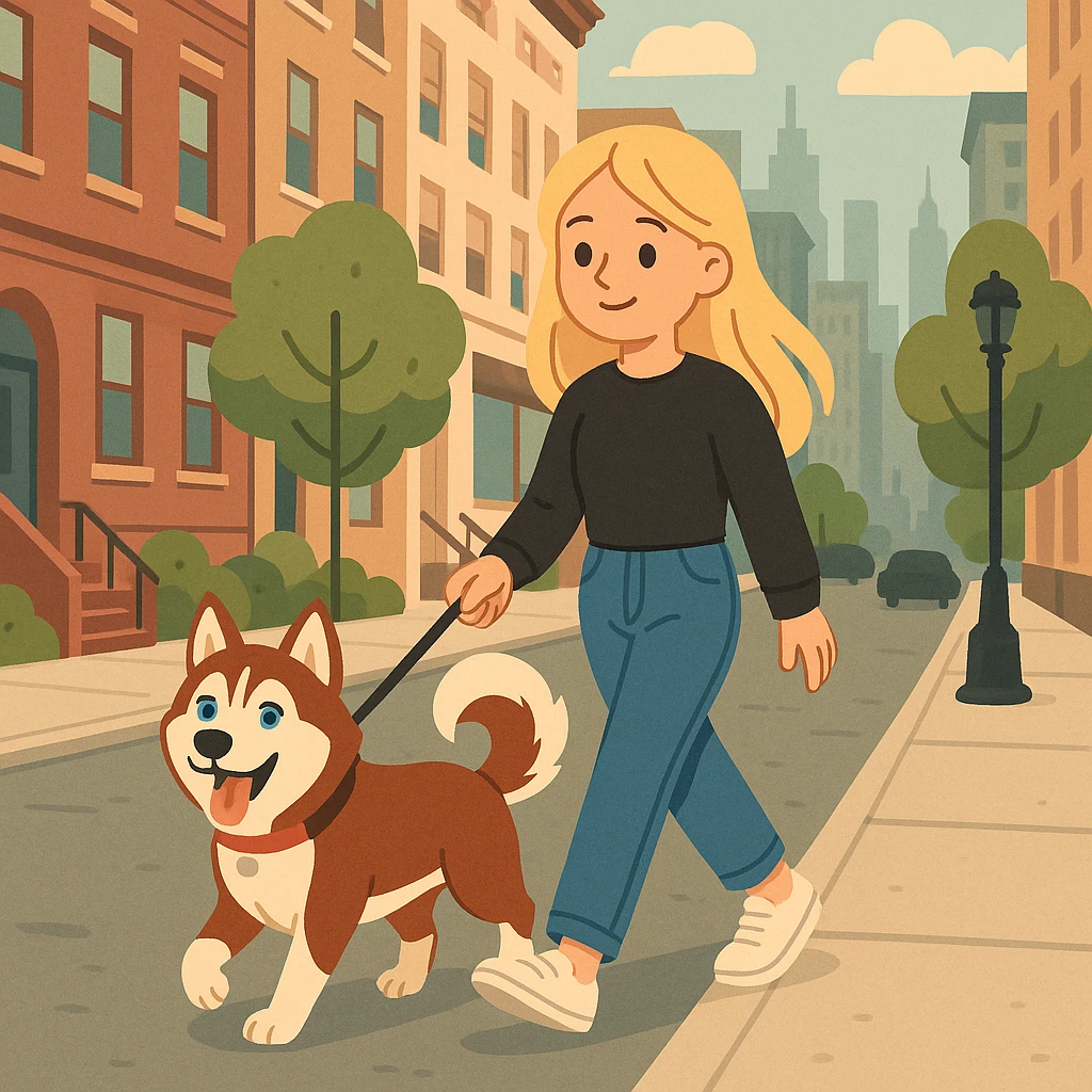 Cute Blonde woman wearing a black sweater and jeans and white sneakers walking a happy red-brown blue-eyed Siberian husky in New York City on an upper east side city sidewalk, flat toon style  emoji