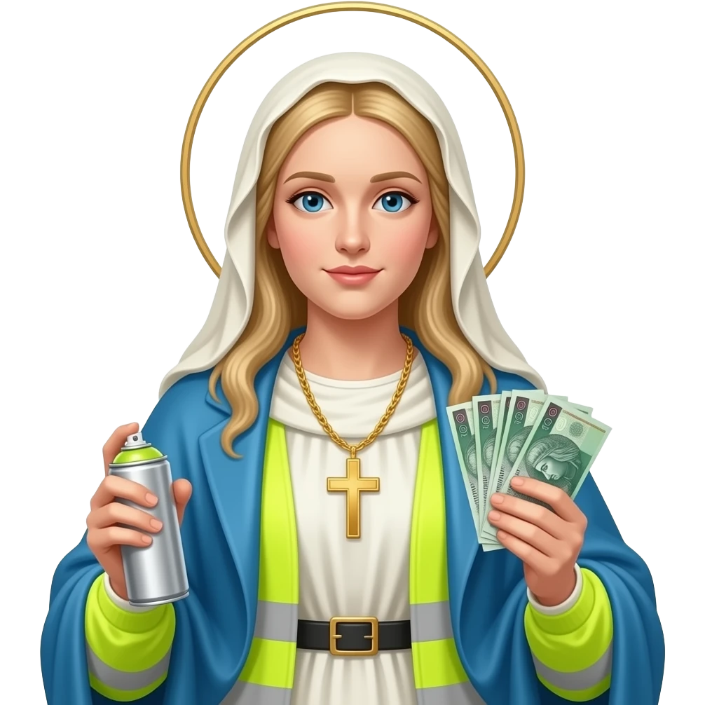 blond virgin marry with gloden cross necklace in neon yellow highviz clothes with a polski złoty bank notes in hand and in left hand spray can emoji