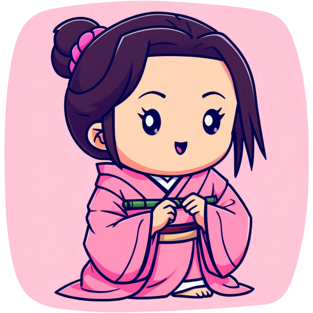 cute chibi Nezuko biting bamboo muzzle with her teeth clearly visible, pink kimono emoji