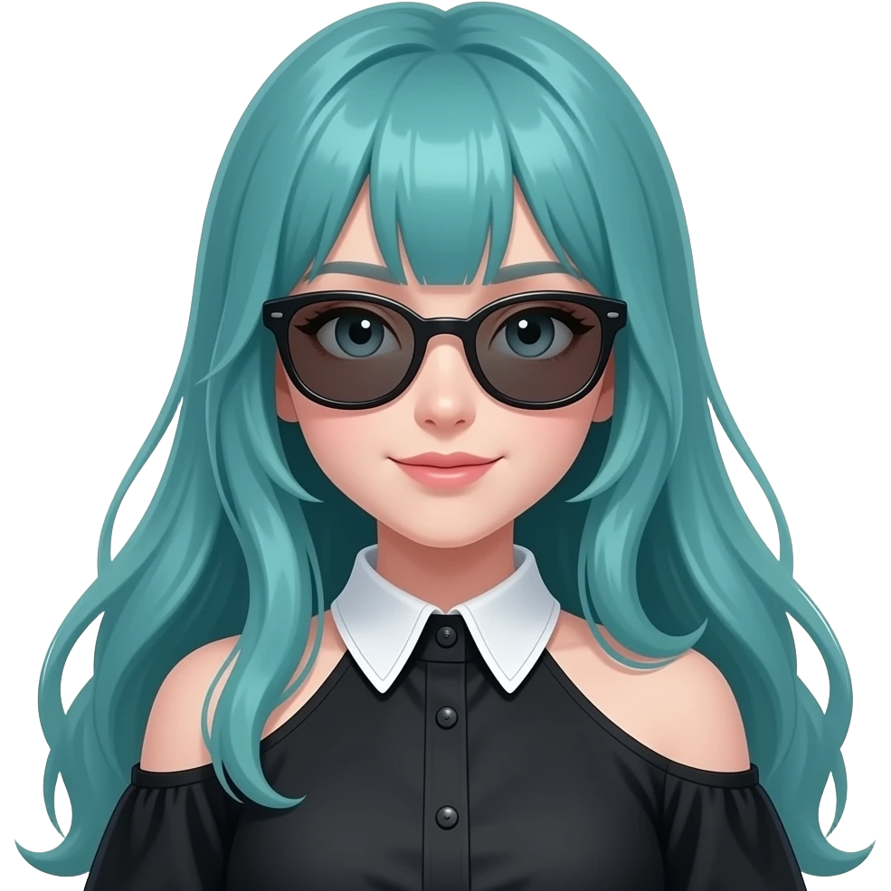 girl, relaxed, sunglasses, long flowing teal hair, grey eyes, black shoulder cyberpunk blouse with fancy white collar emoji