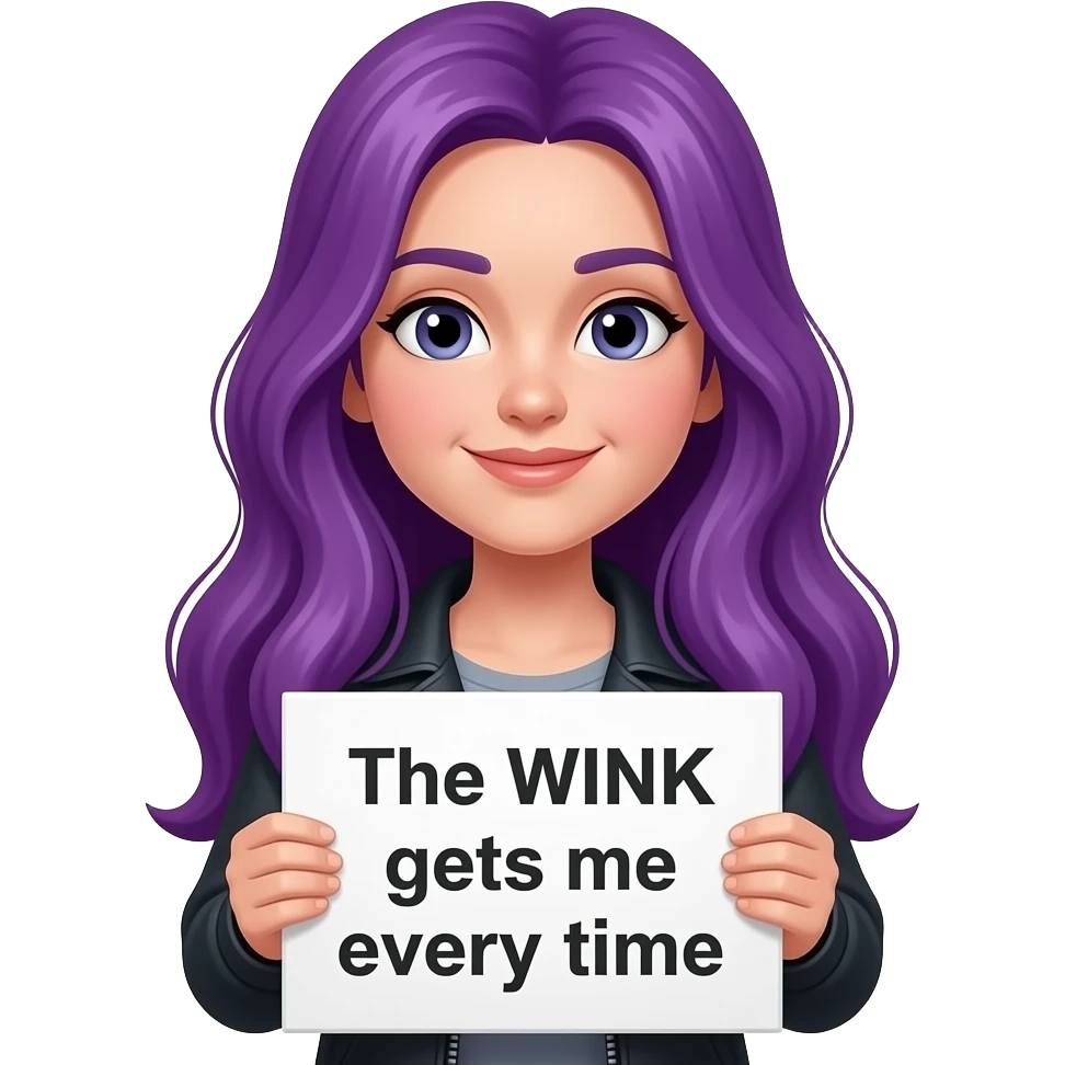girl with long purple hair with a The WINK gets me evertime sign emoji