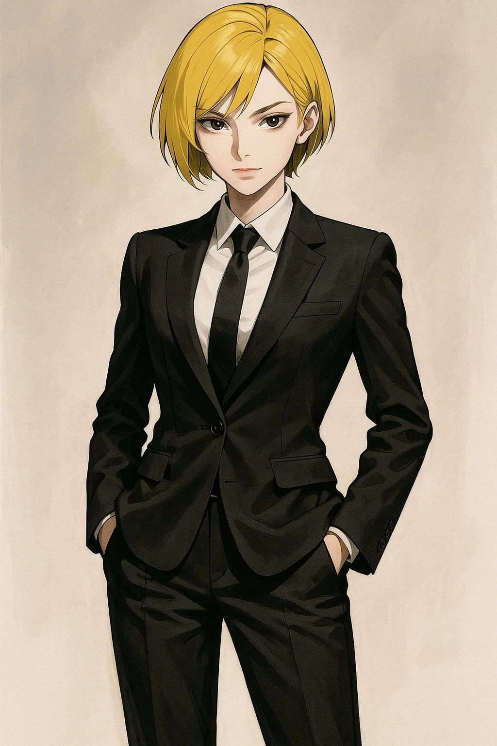 a girl with short yellow hair in a black suit emoji