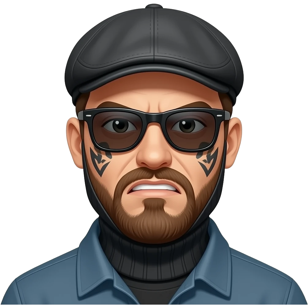 Crear un emoji de un vato con gorra plana con gafas oscuras, con tatuajes en la cara mal encarado y con pasamontañas emoji