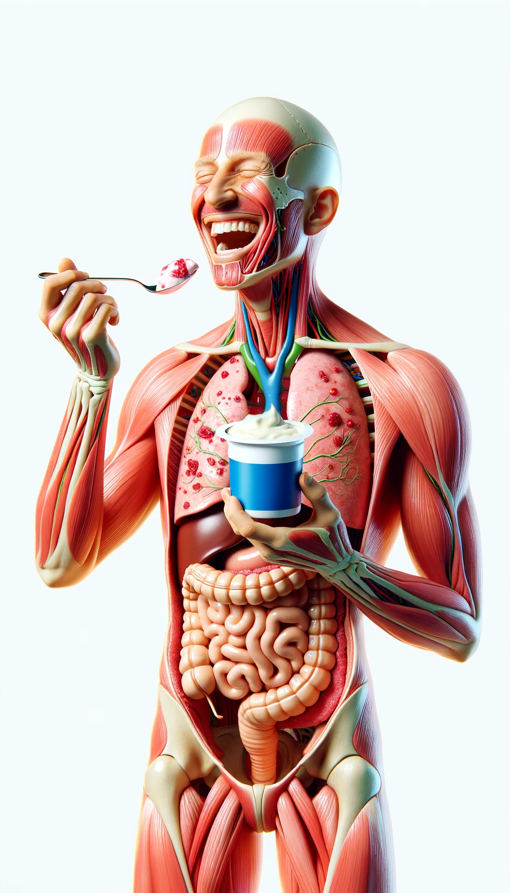 corpo umano anatomico con intestino in evidenza mentre mangia uno yogurt con espressione felice in volto, iperrealistico 4k, isolato su sfondo bianco emoji