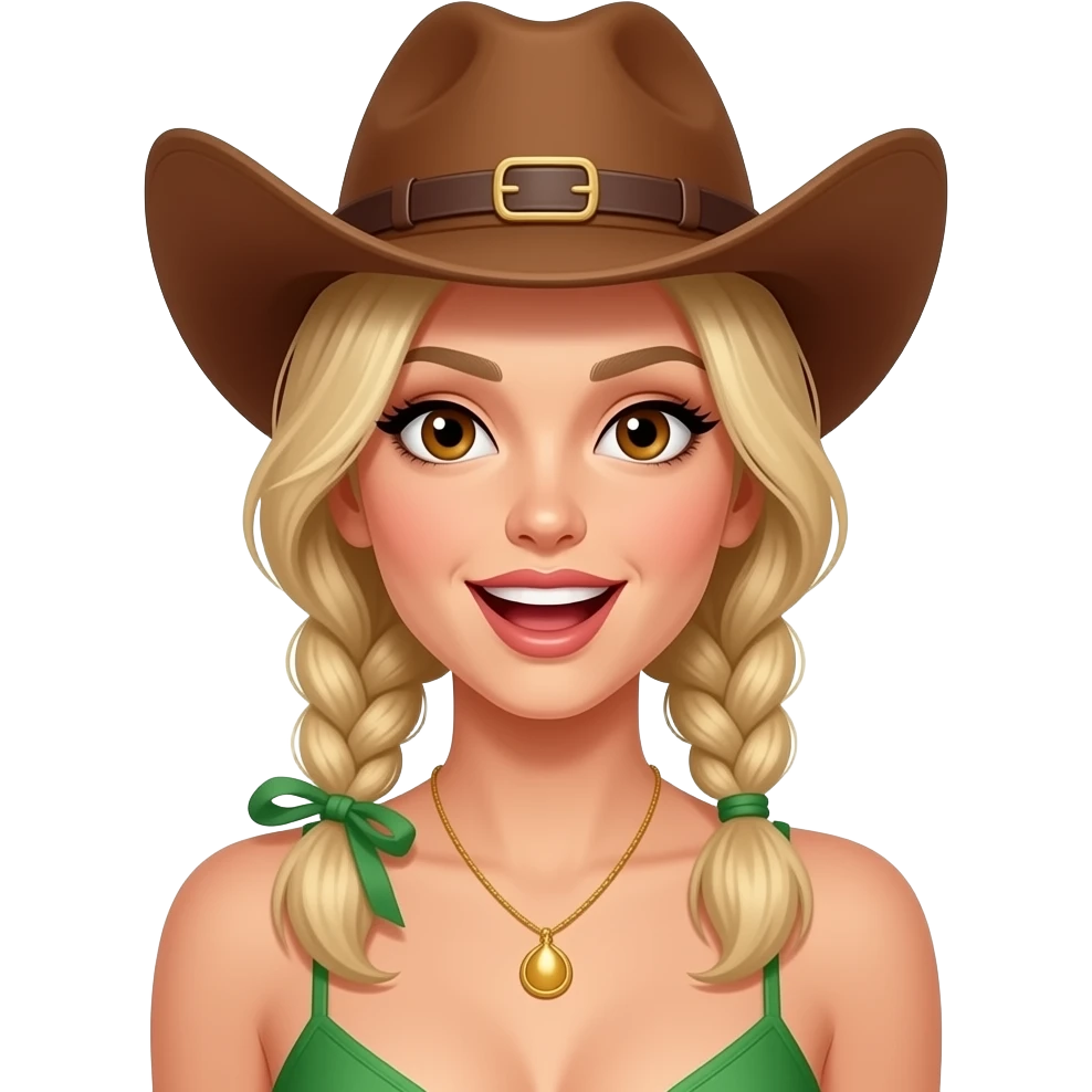 Sexy Cowgirl in green bikini with slim face, open mouth, brown eyes and blonde hair with tight pigtail braids emoji