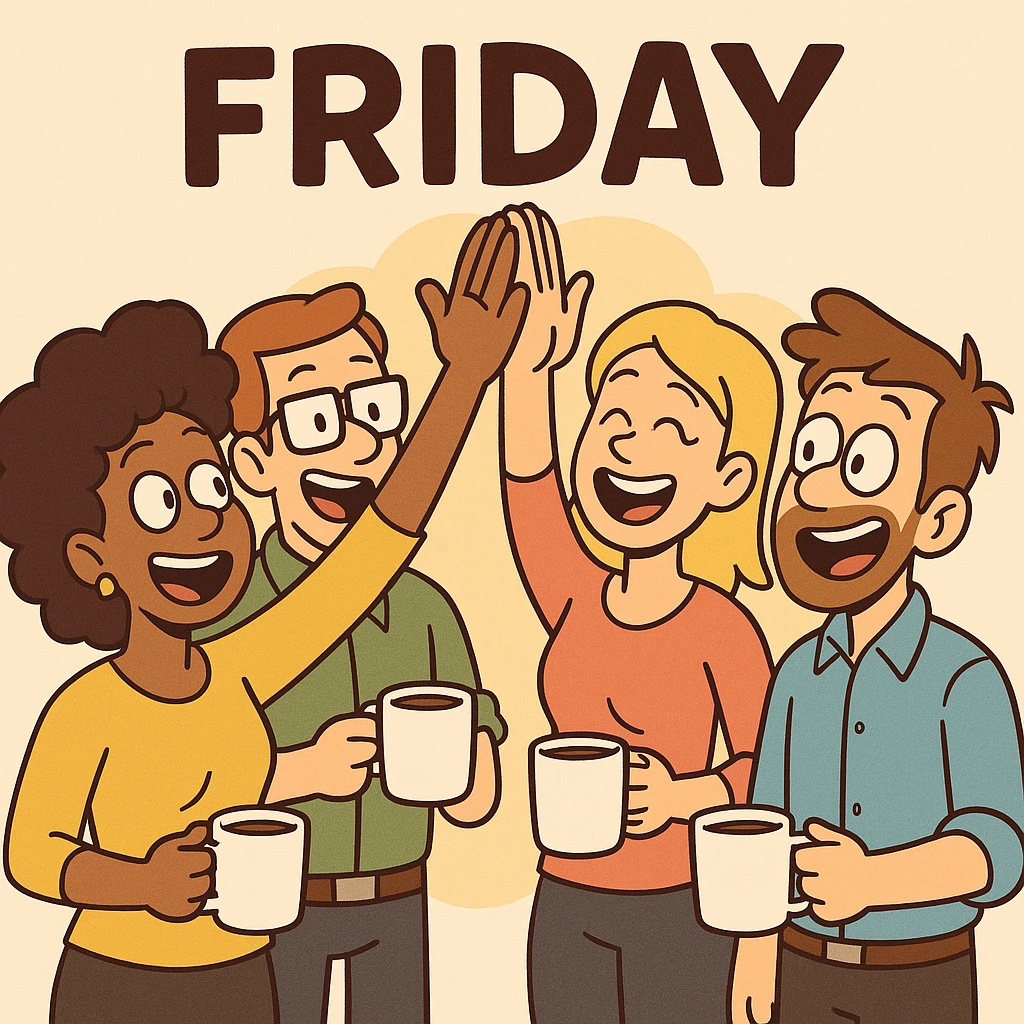 a group high-five with coffee cups in hand, celebrating Friday morning together, bright and colorful cartoon style emoji