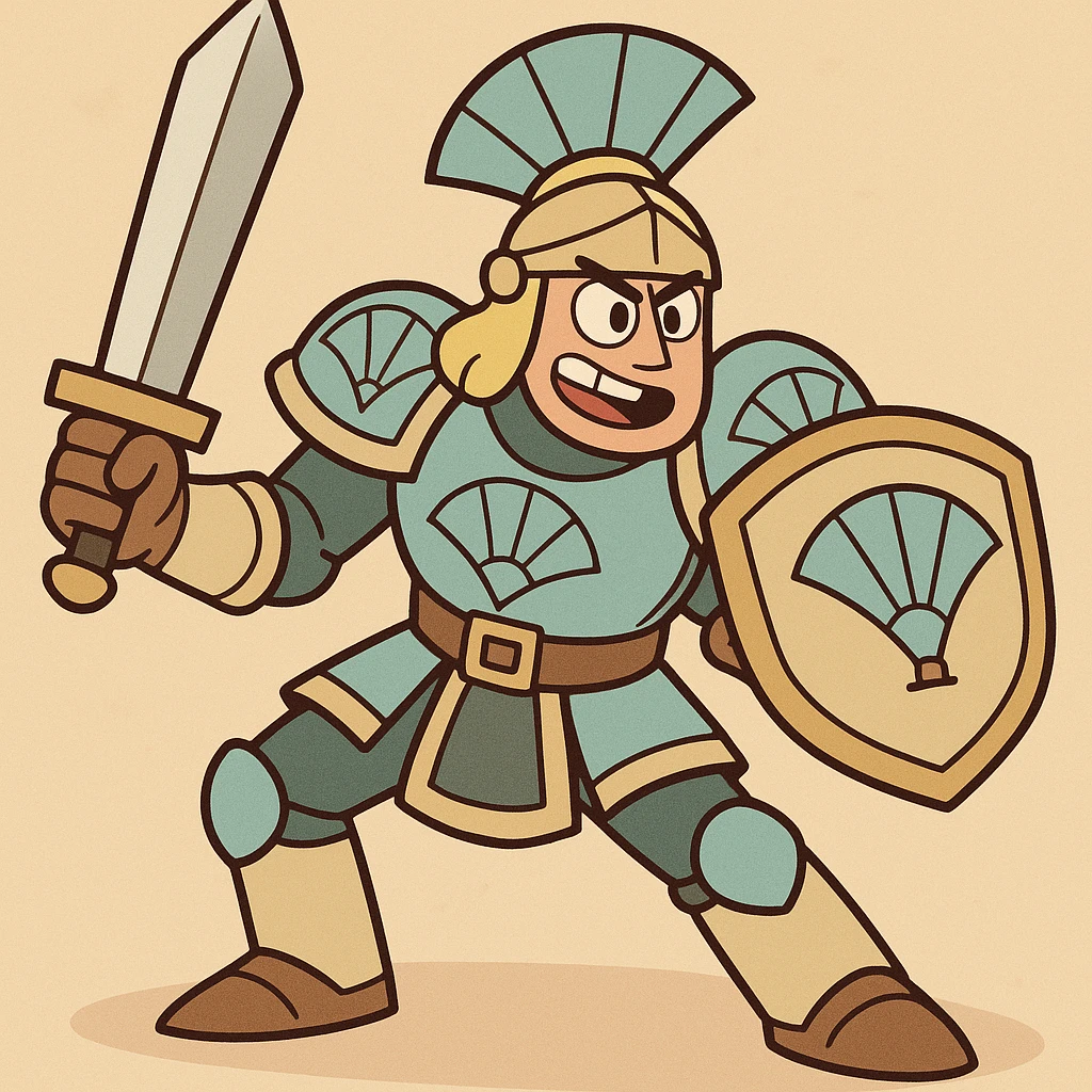 a CNFans warrior, heroic and bold, in a dynamic pose, with armor and a fan motif, vibrant and energetic style emoji