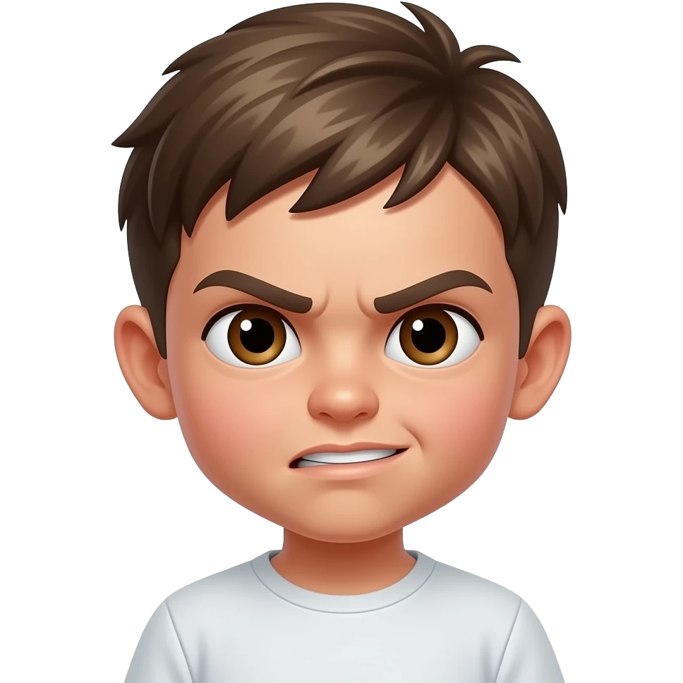 Niño pequeño pelo rubio oscuro liso rebelde ojos marrones cara travieso emoji