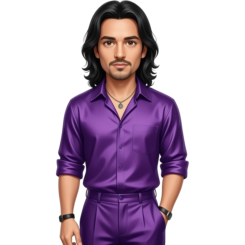 Jonathan Davis with brown eyes, long black hair, purple silk shirt, purple silk baggy pants, necklace emoji