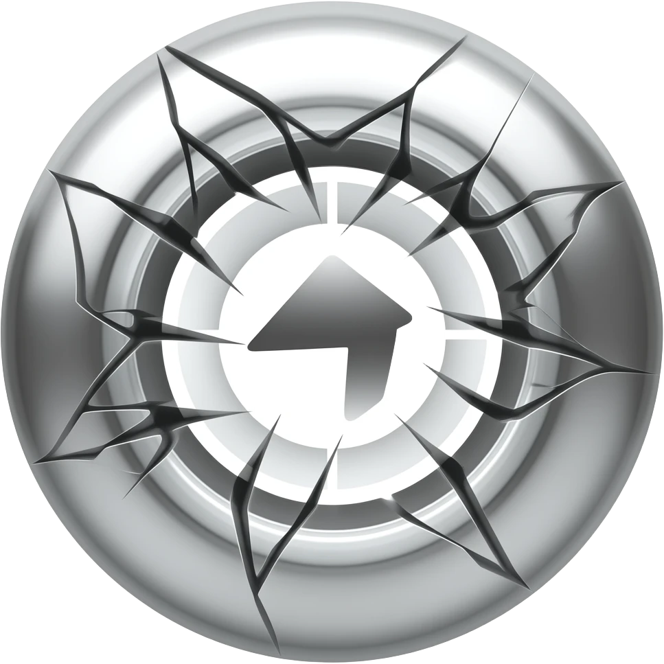 circular ring icon, broken circle shape, liquid chrome metallic material,  flowing silver reflections, sharp angular tension in the form,  arrow or target energy embedded in the shape aiming to the top,  monochrome black white silver, dramatic studio lighting, white background emoji