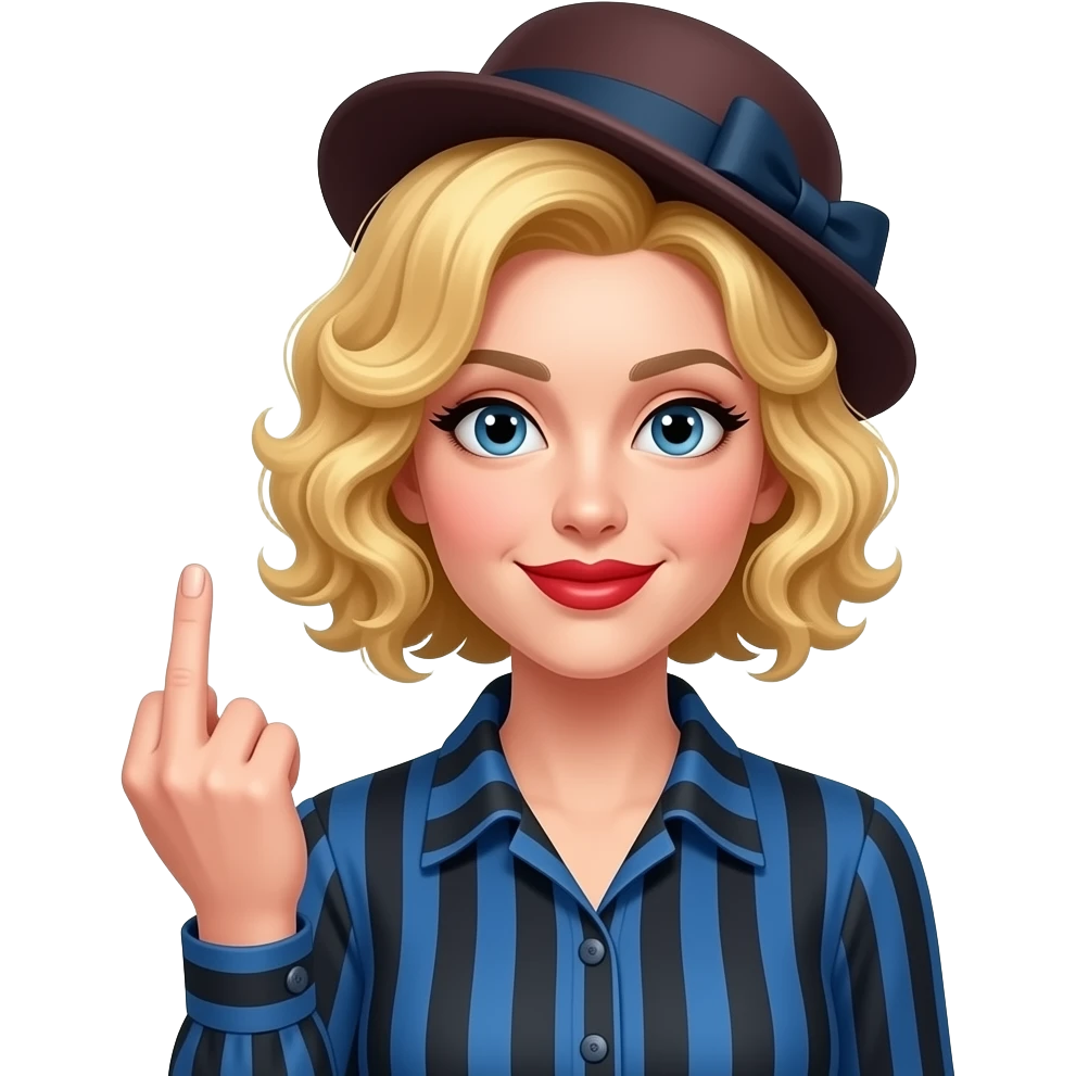 short blonde with spiral curly hair side swept bob flipping you off in a blue and black striped blouse in red lipstickit  and victorian hat in red lipstick emoji