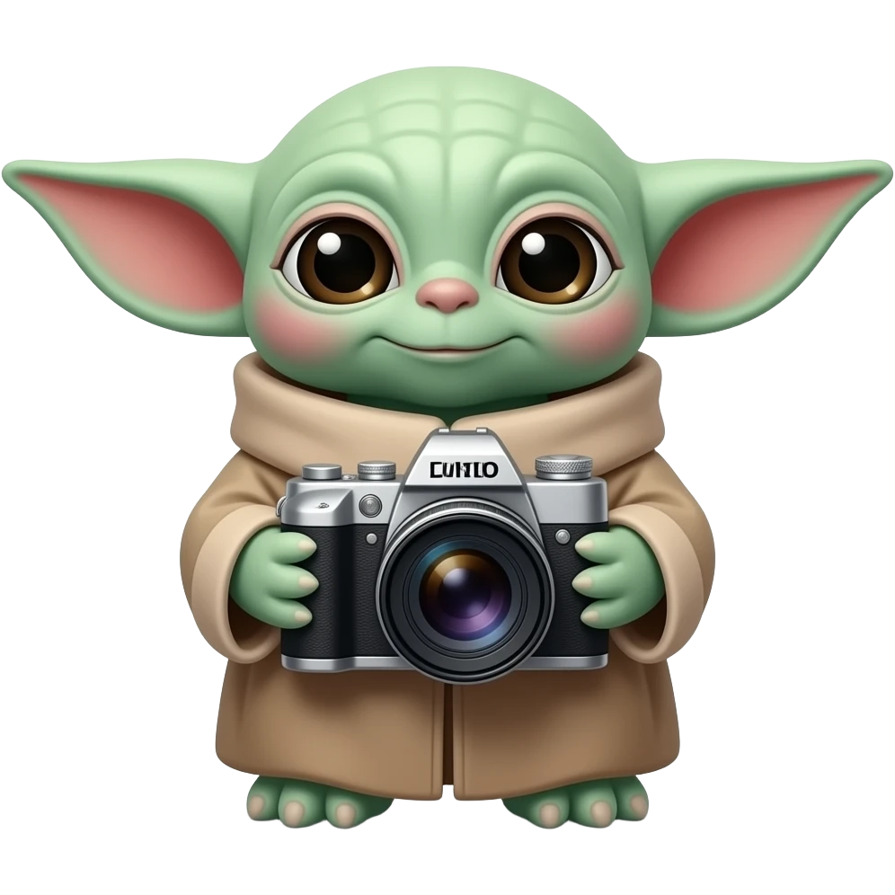 bébé maitre yoda de couleur bleue avec appareil photo emoji