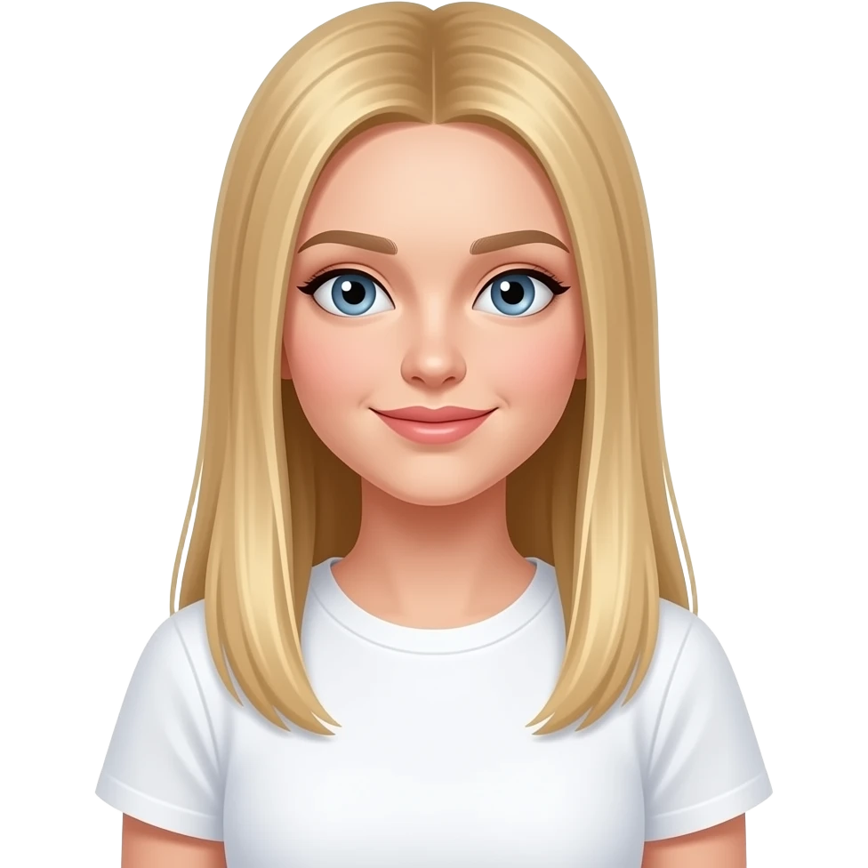 bella ragazza russa bionda capelli lisci lunghi e occhi chiari, con maglietta bianca e amorevole emoji