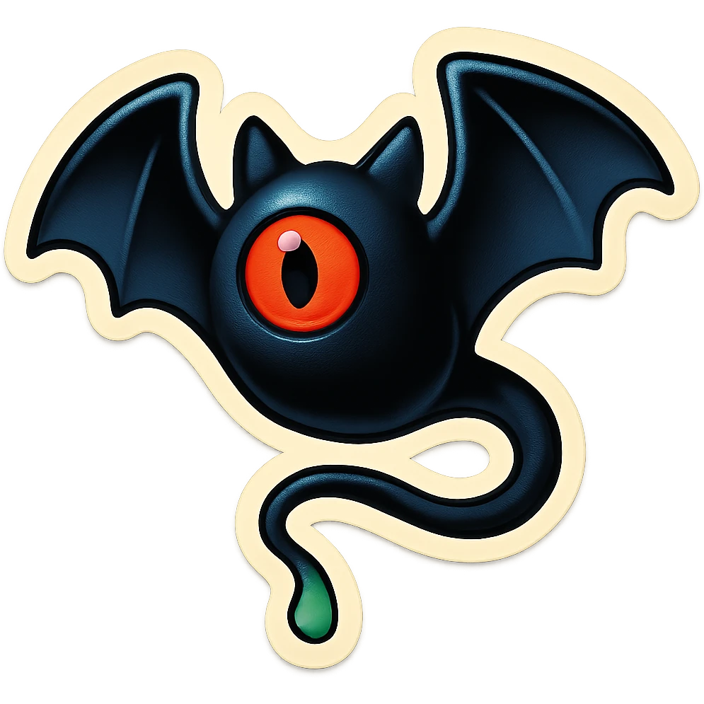 an all black bat-like creature. One cyclopian red eye in its face. no visible mouth or ears. has a long tale with a stinger that drips green poison emoji